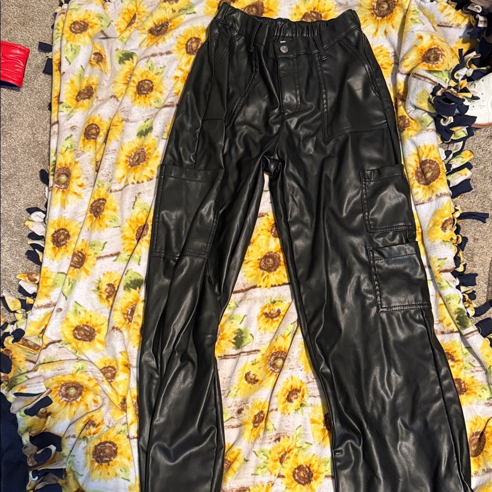 No Boundaries Black Faux Leather Cargo Trousers